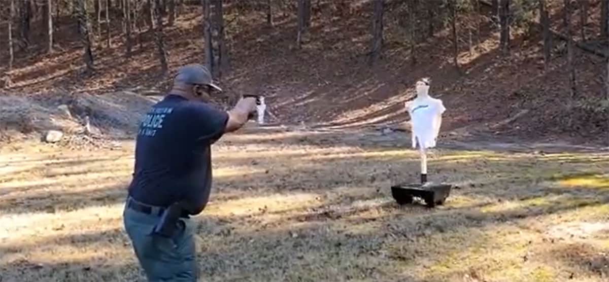 One officer doing Engaging the Threat training exercise at a range using a MotoShot Movng Target